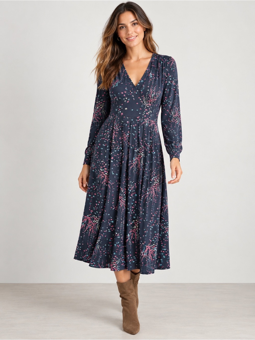 White Stuff Charcoal Grey Multi Botanical Bird Print EcoVero Midi Dress UK 14